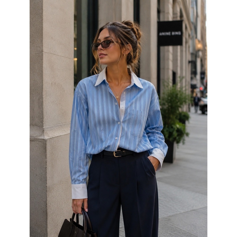 French Connection Contrast Double Collar Striped Cropped Shirt Blue Multi M NWT - Picture 1 of 5